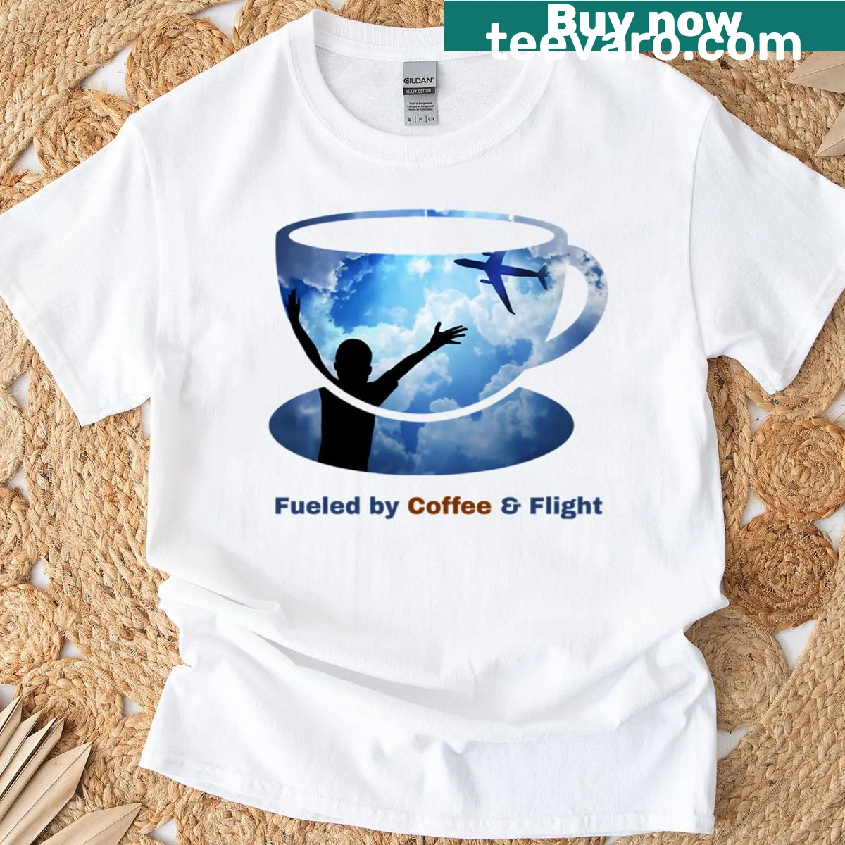 T-shirt with aviation-themed graphics and coffee design — on a men's t-shirt
