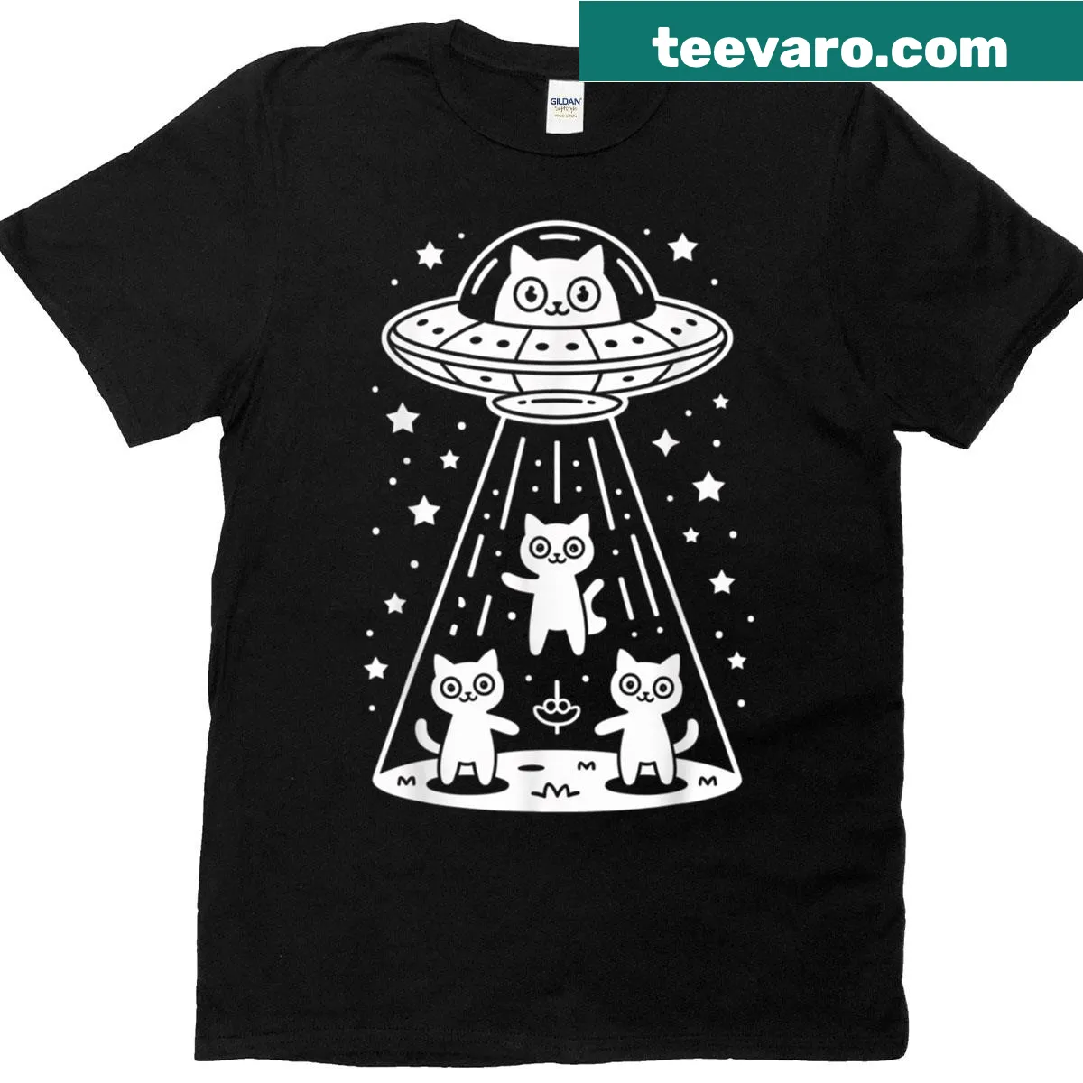 Cartoon cat spaceship graphic with aliens, designed for cat lovers — on a men's t-shirt