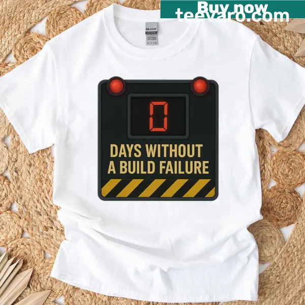 T-shirt with '0 Days Without A Build Failure' humorous text design