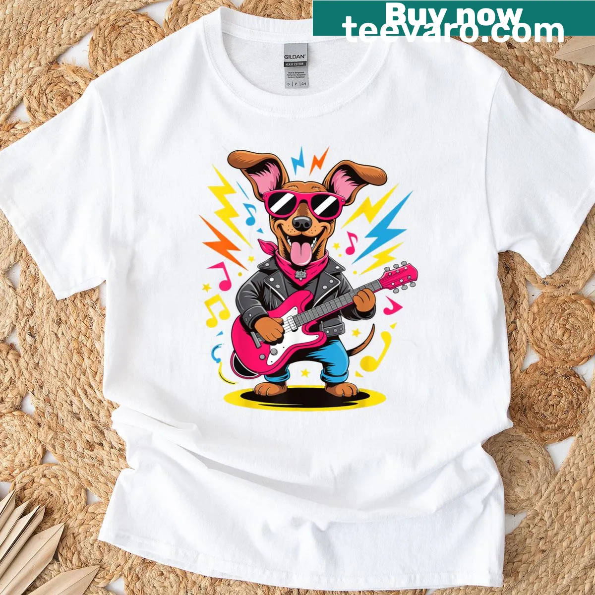 Dachshund playing guitar cartoon illustration on a t-shirt — on a men's t-shirt