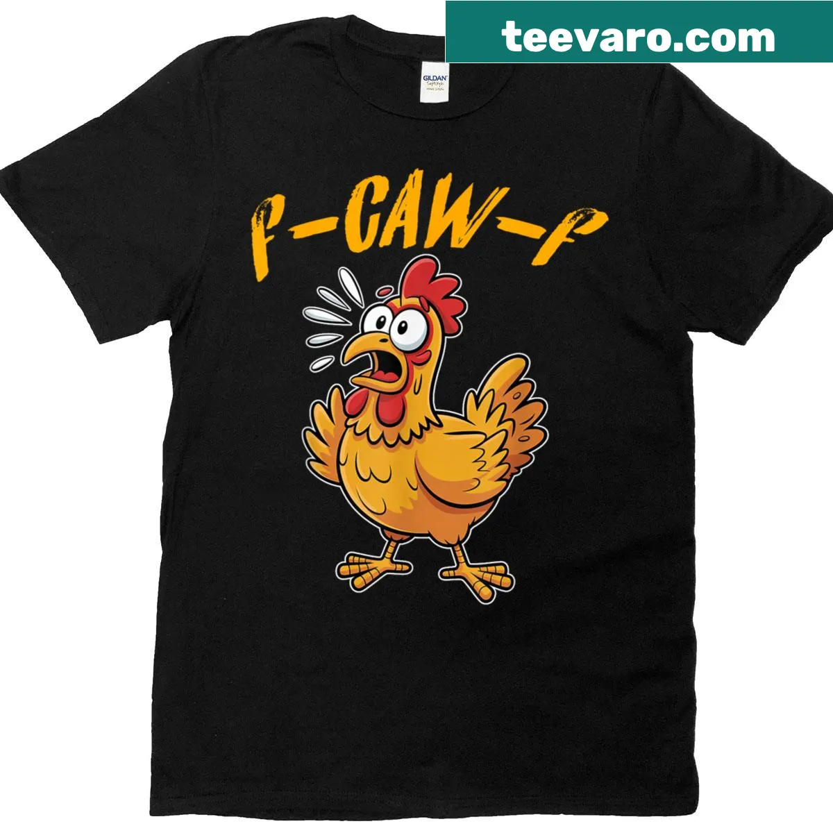 Humorous t-shirt with the phrase 'F-caw-f Chicken' — on a men's t-shirt