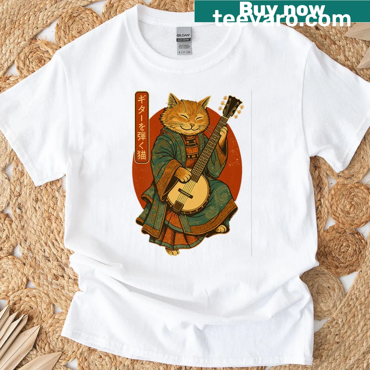 T-shirt featuring a humorous samurai cat playing electric guitar in a cartoon style. — on a men's t-shirt