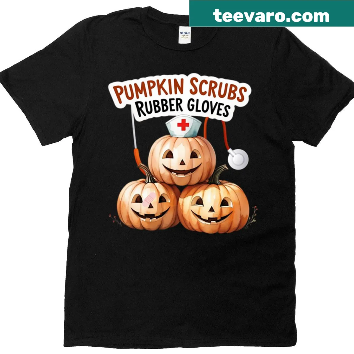 Humorous Halloween nurse shirt featuring pumpkin, scrubs, and gloves — on a men's t-shirt