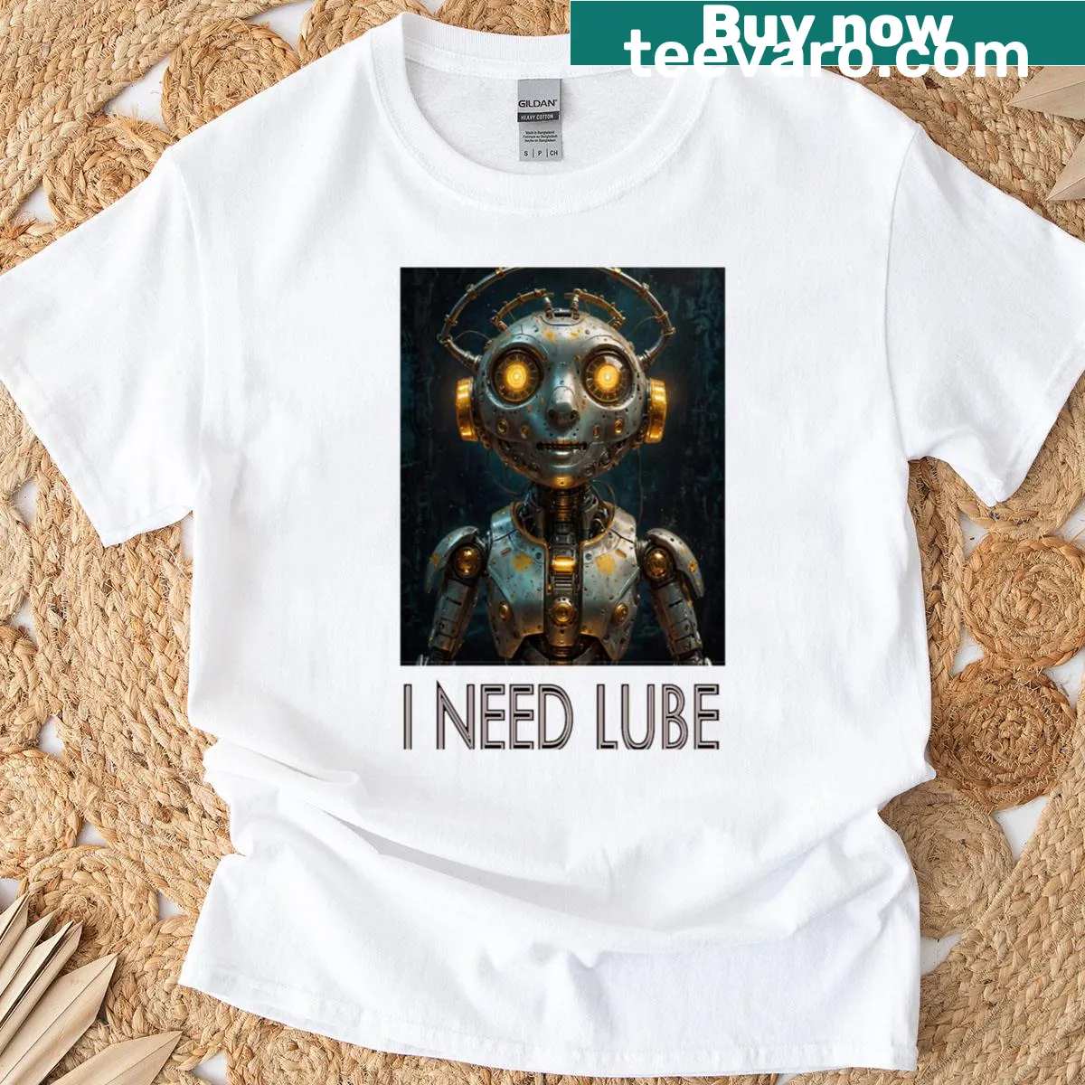 Funny robot graphic with 'I Need Lube' text on T-shirt. — on a men's t-shirt