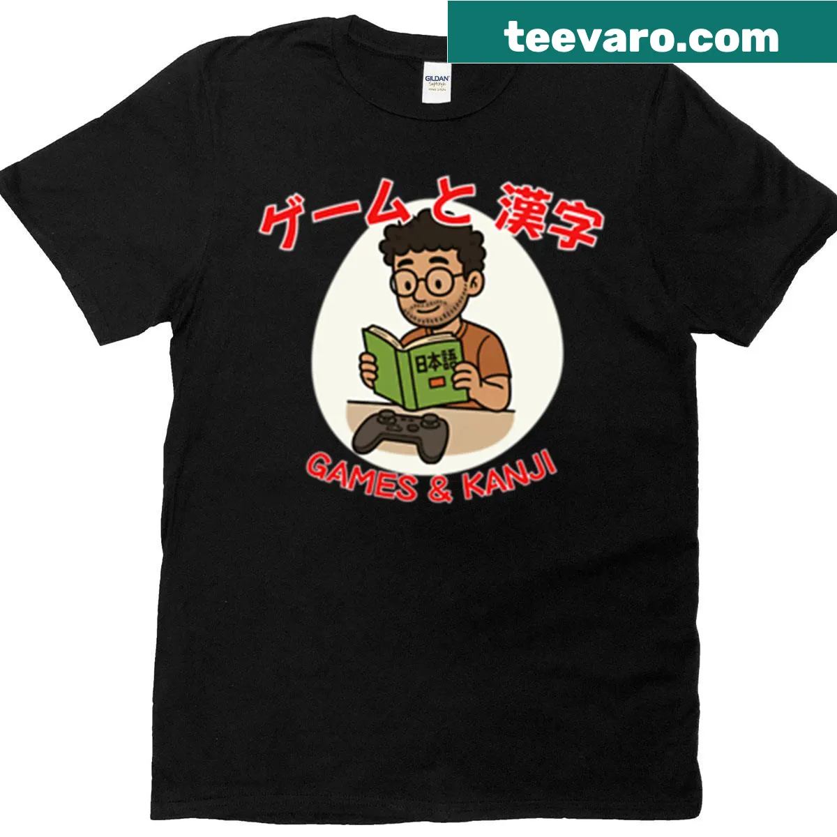 Cartoon t-shirt featuring gaming characters and kanji design — on a men's t-shirt