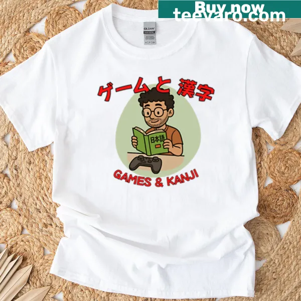 Cartoon graphic of Luke with Kanji characters on a light T-shirt