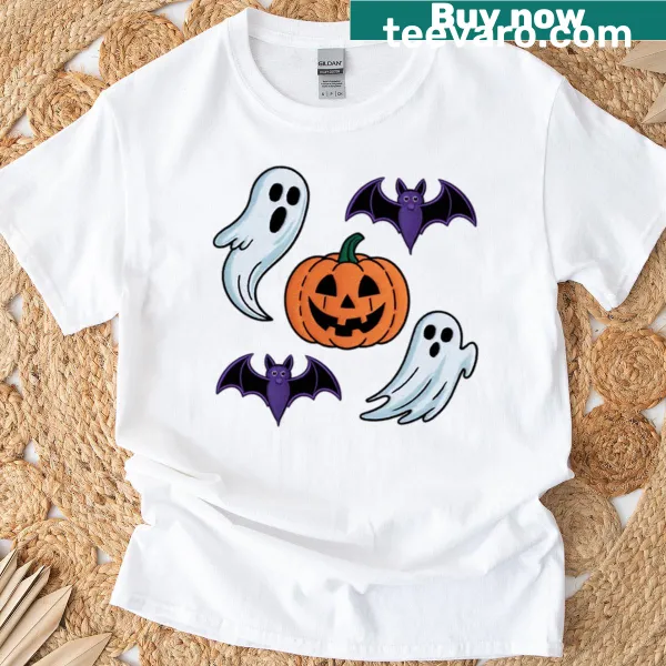 Smiling ghosts, bats, and a pumpkin on a Halloween-themed t-shirt