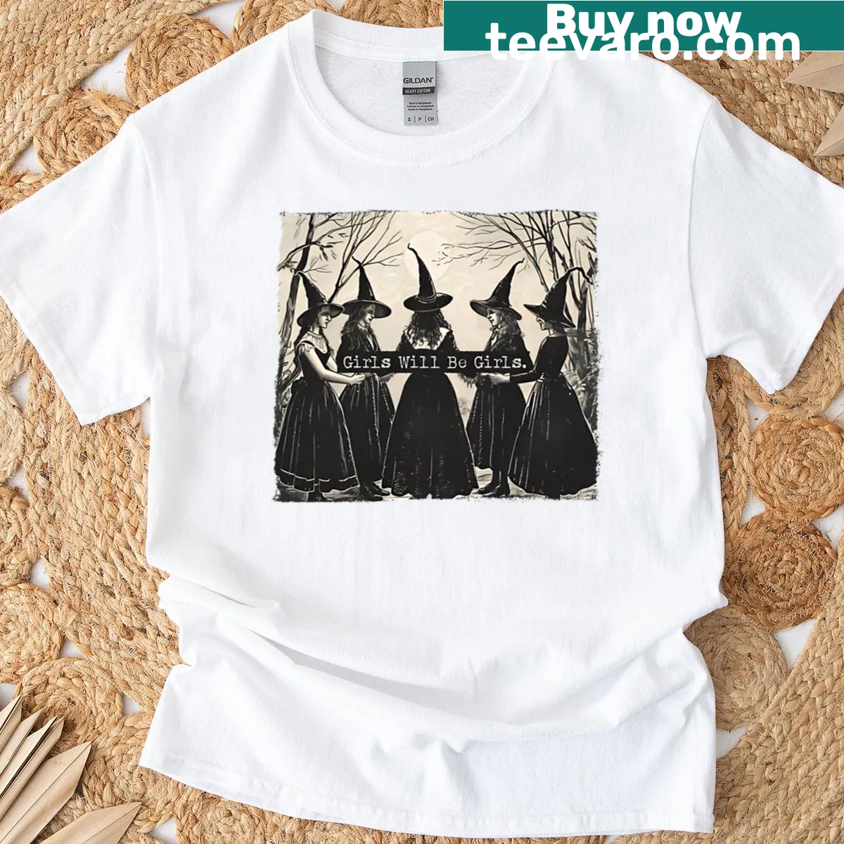 Vintage style T-shirt featuring a witch coven theme — on a men's t-shirt