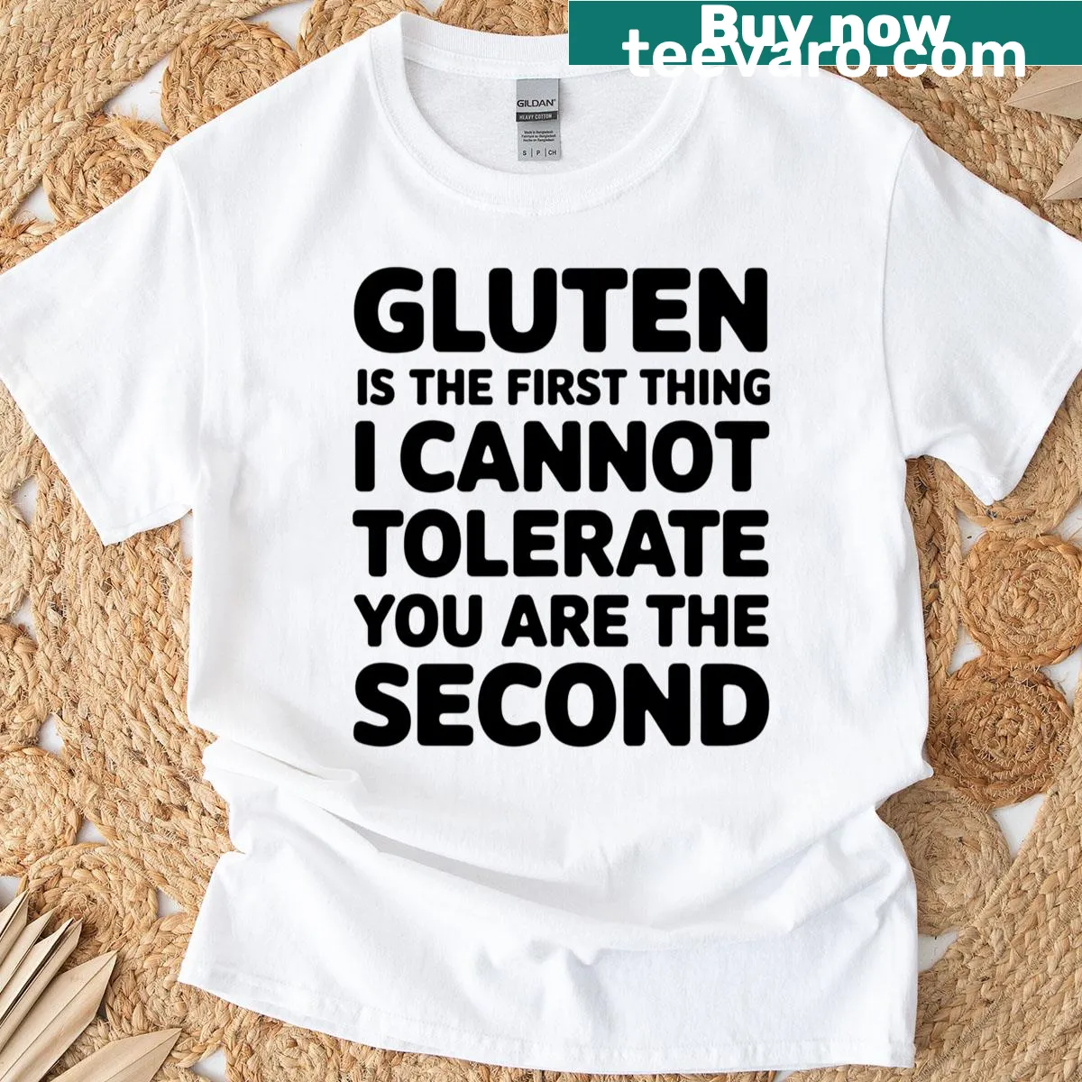 Gluten intolerance humor text on a t-shirt — on a men's t-shirt