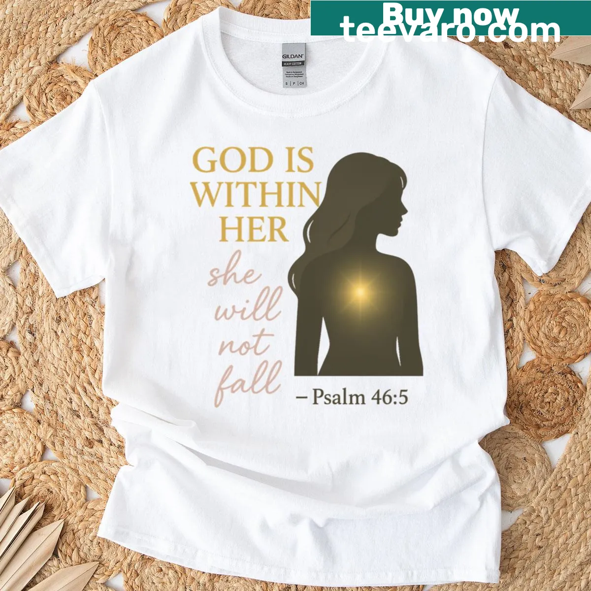 God Is Within Her t-shirt featuring elegant motivational typography — on a men's t-shirt