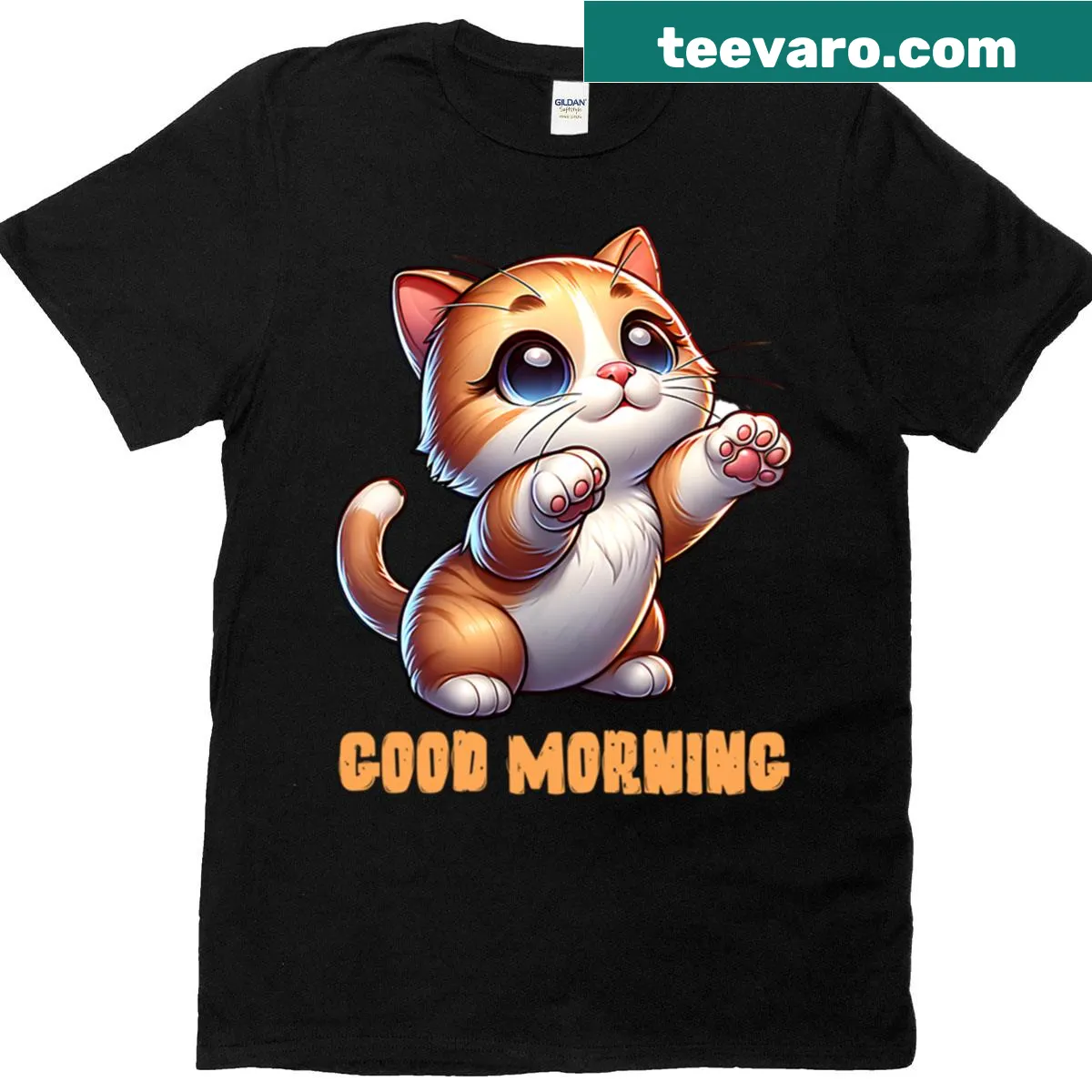 Sweet cat illustration on Good Morning t-shirt — on a men's t-shirt