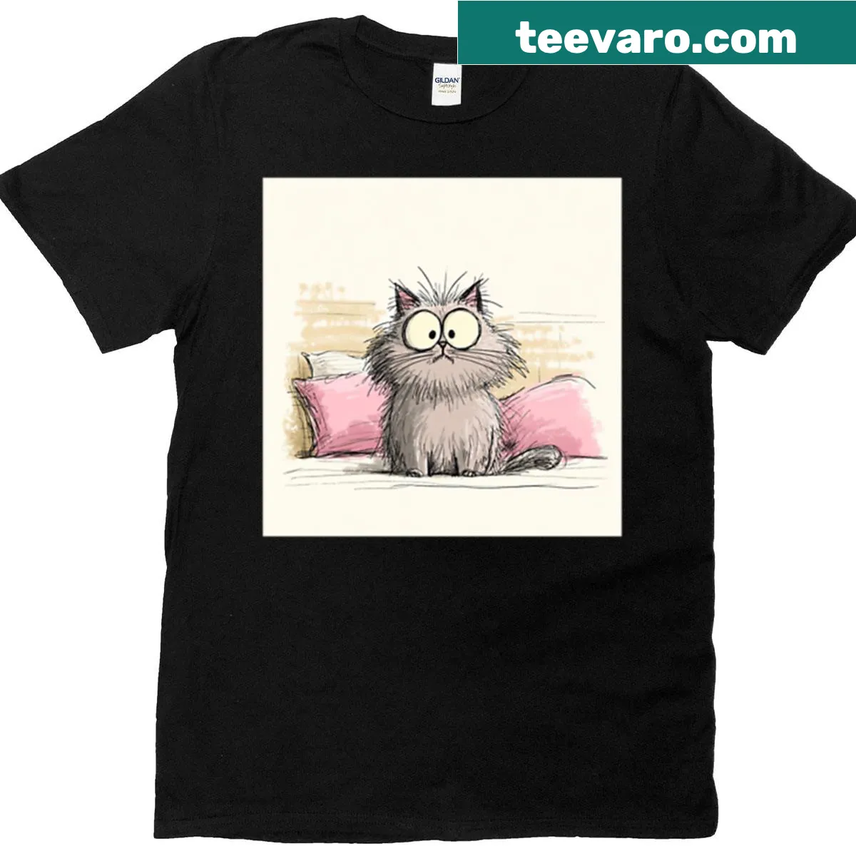 Illustrated gray kitten lounging on pillows graphic t-shirt — on a men's t-shirt