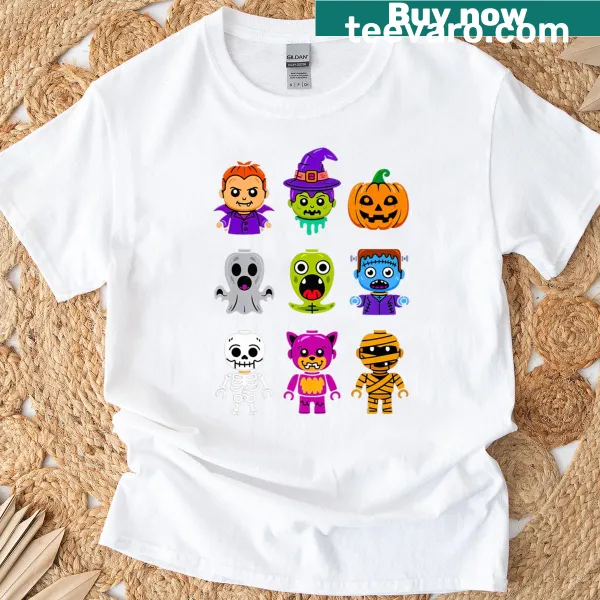 T-shirt featuring a Halloween monster costume made of building blocks.