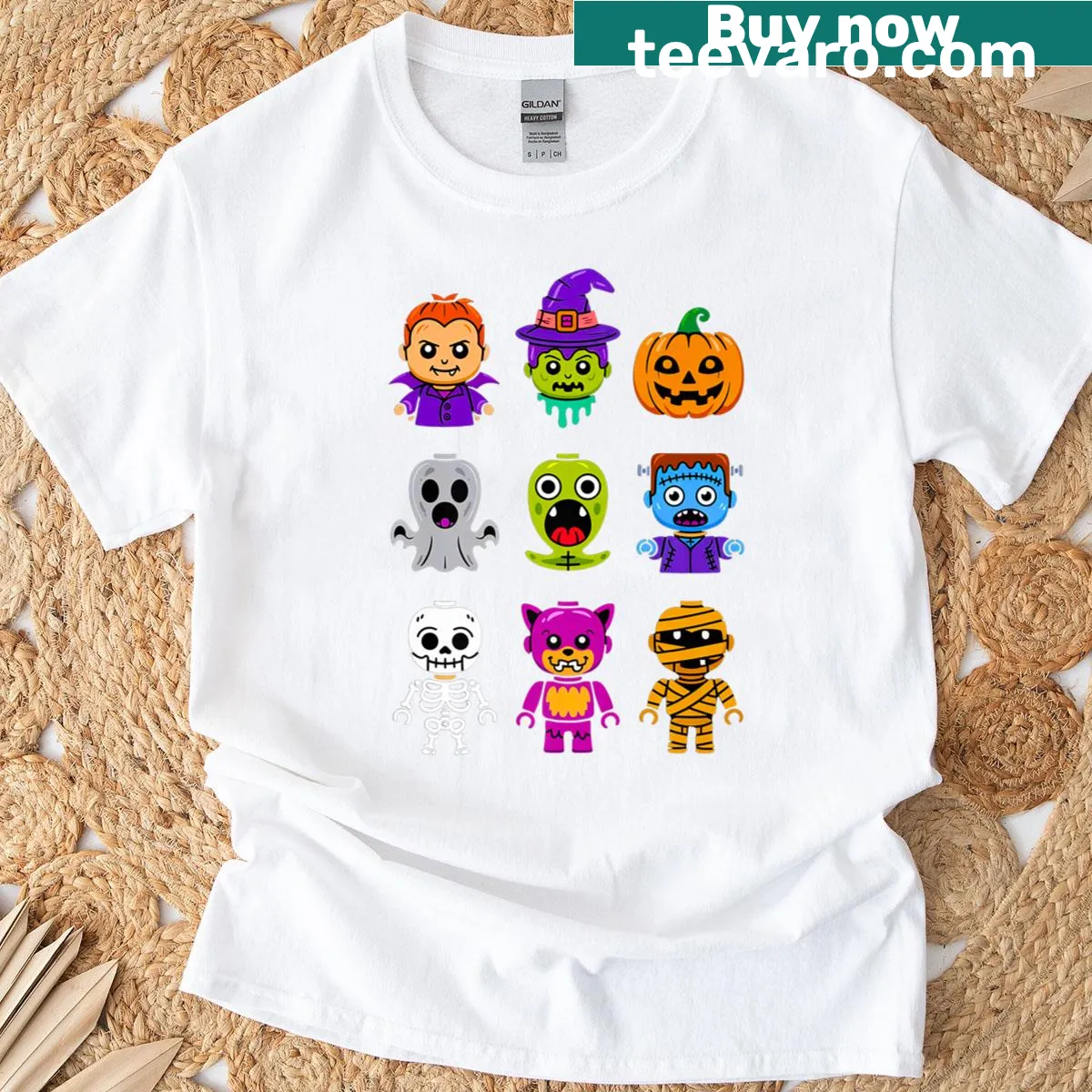 T-shirt featuring a Halloween monster costume made of building blocks. — on a men's t-shirt
