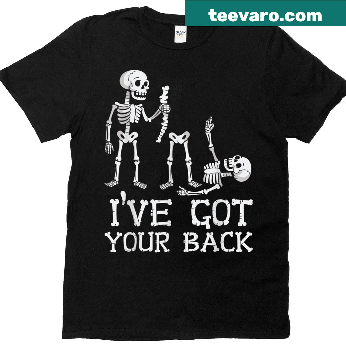 Illustrative Halloween shirt with playful skeleton design — on a men's t-shirt