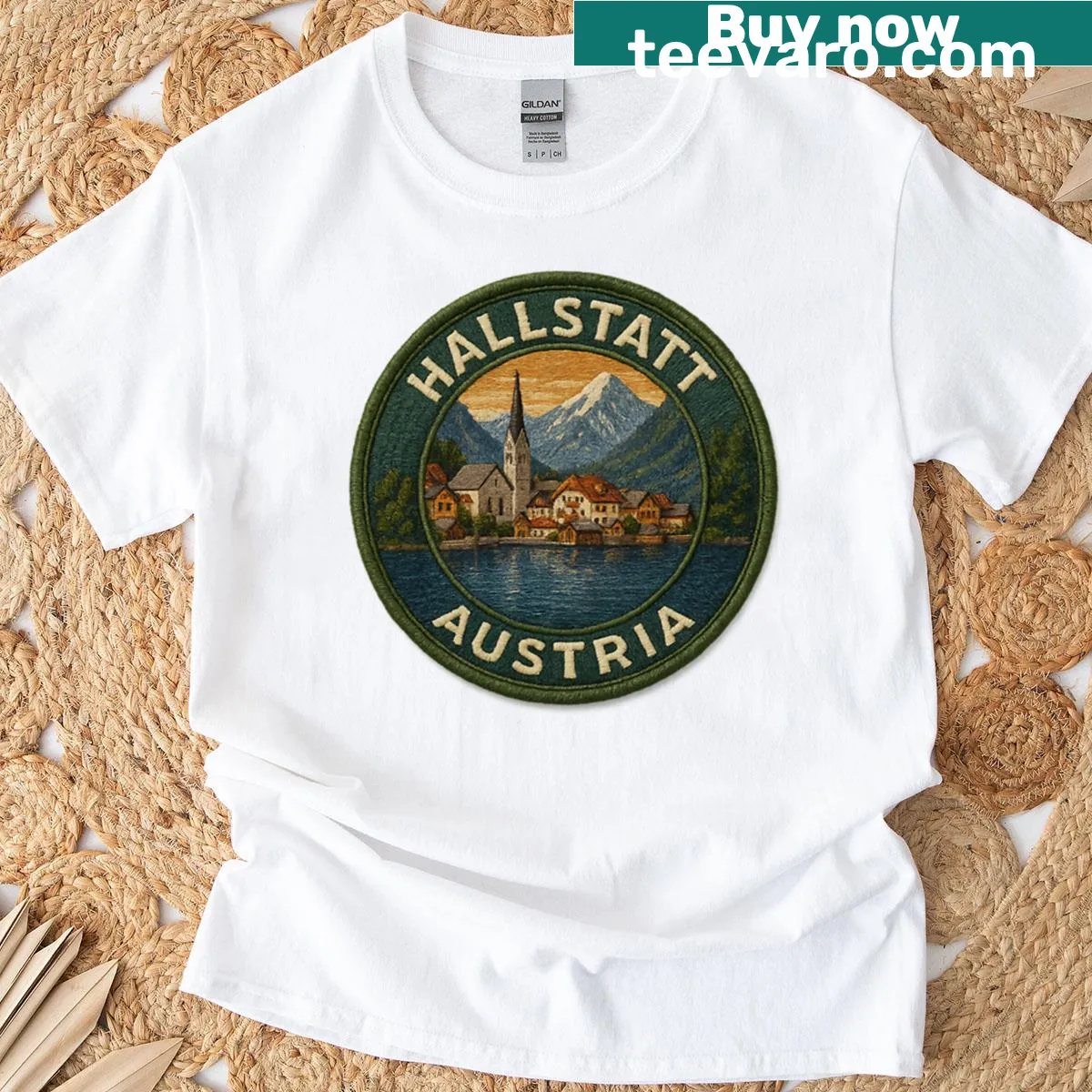 Embroidered Hallstatt landscape design on a T-shirt — on a men's t-shirt