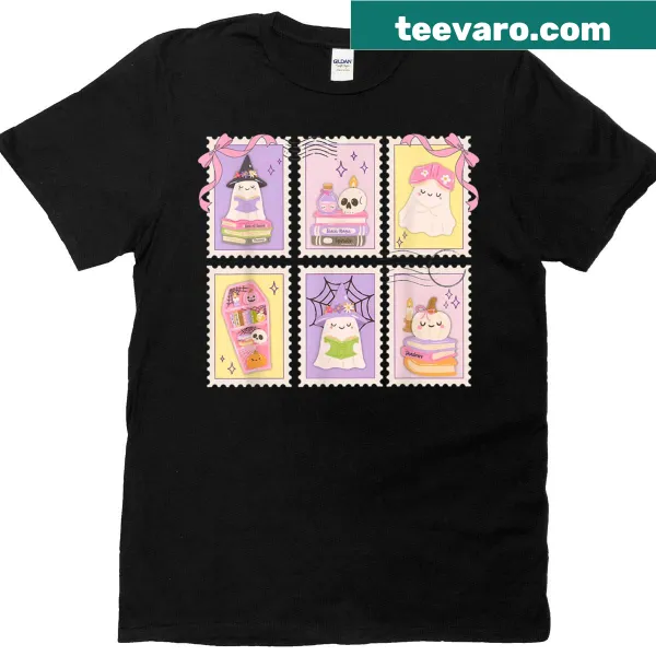 Funny ghost and book graphic with a bow on a teacher t-shirt