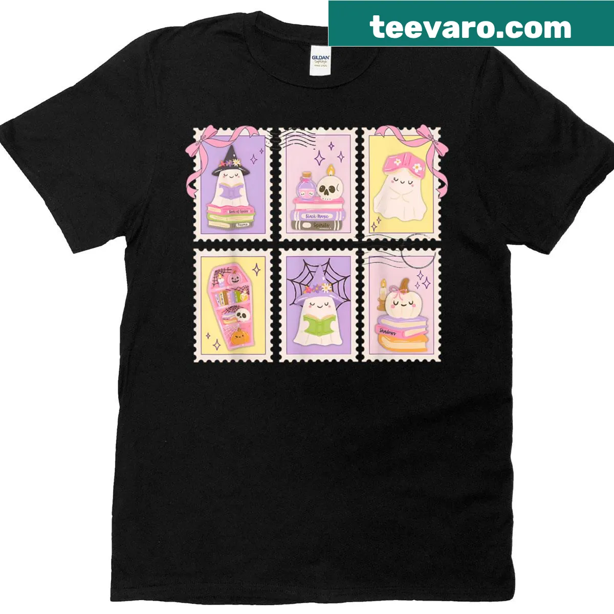 Funny ghost and book graphic with a bow on a teacher t-shirt — on a men's t-shirt