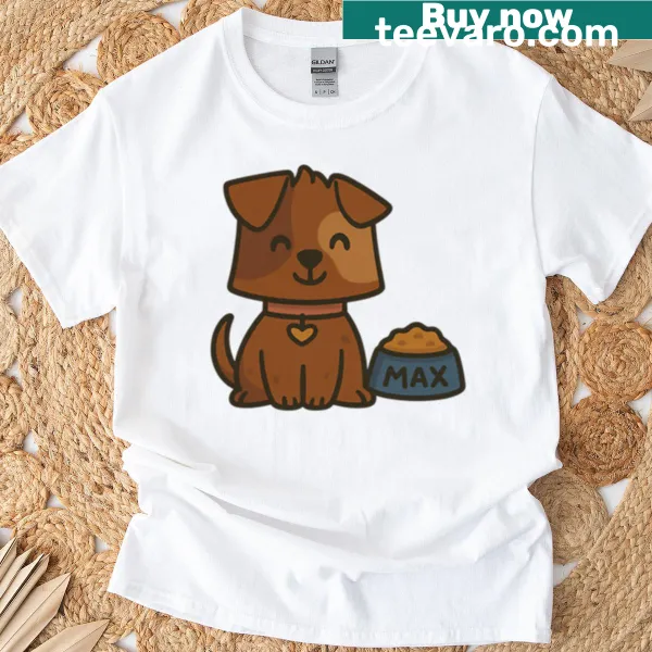 Cartoon design of a happy puppy named Max by a food bowl