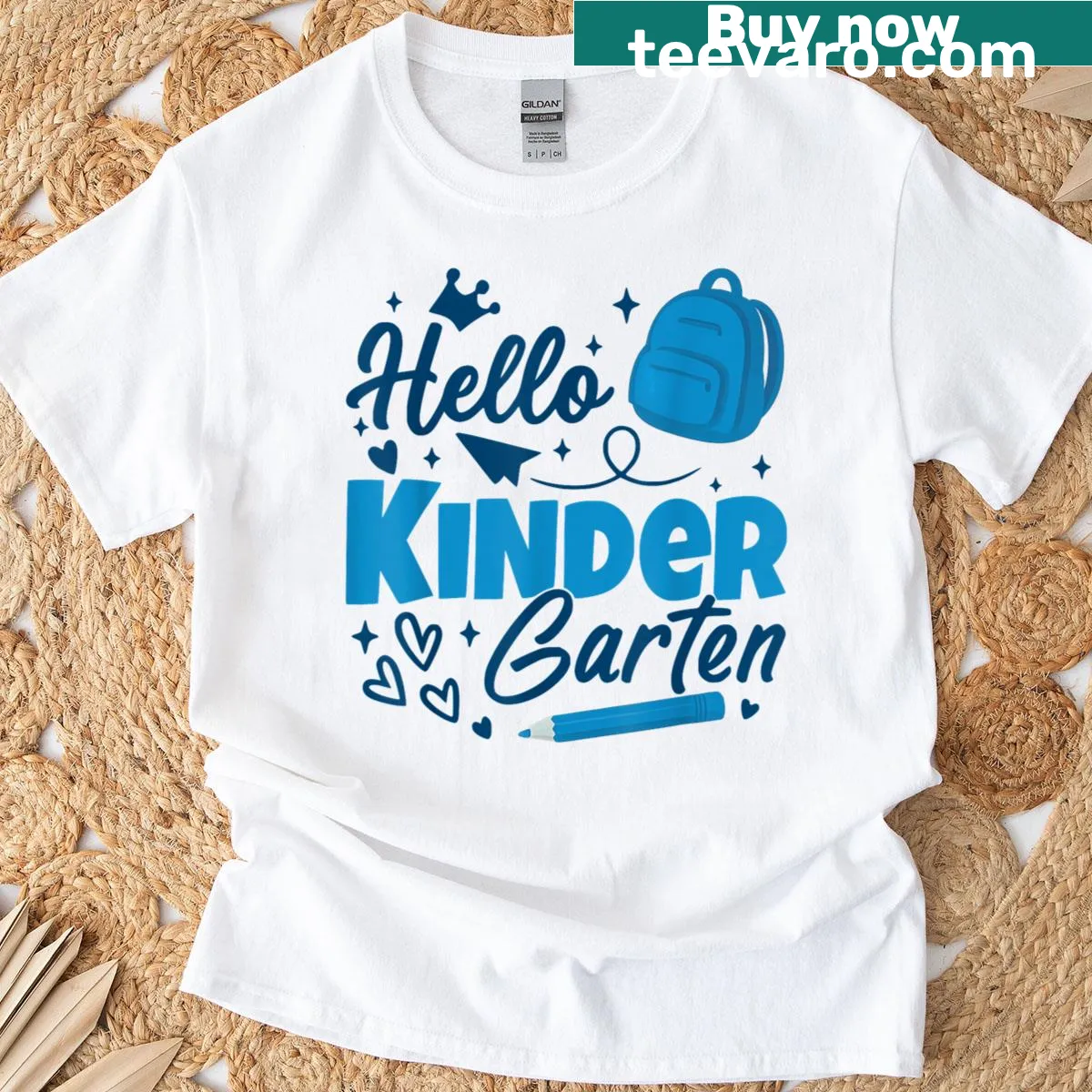 Playful kindergarten teacher tee with first day school graphics — on a men's t-shirt