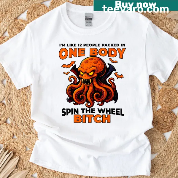 Funny cartoon octopus with humorous text on a t-shirt