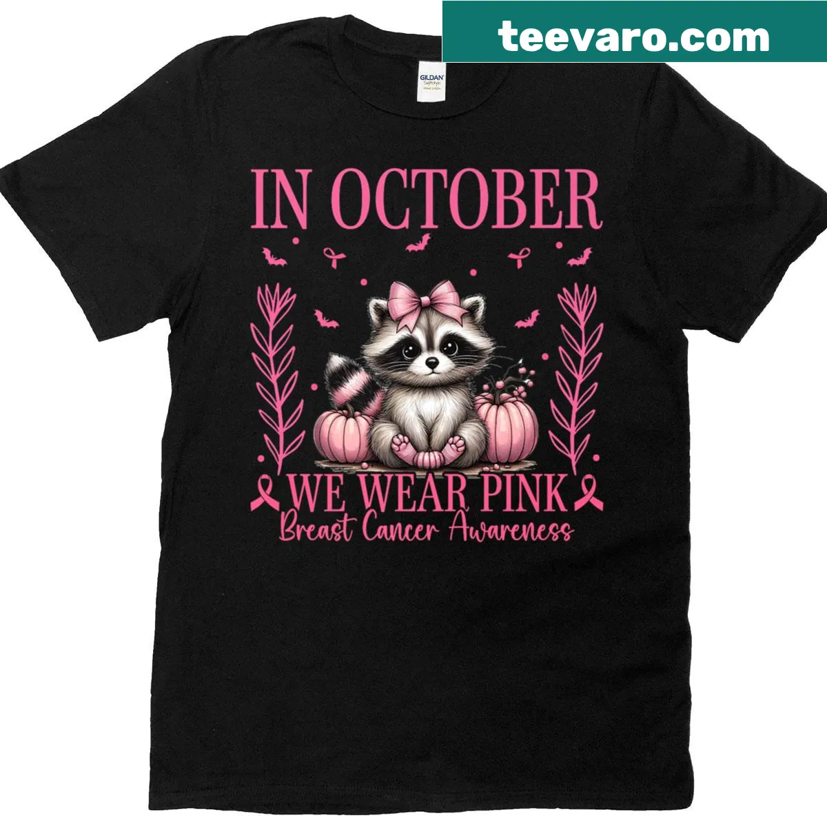 Raccoon with pink ribbon graphic for breast cancer awareness T-shirt — on a men's t-shirt