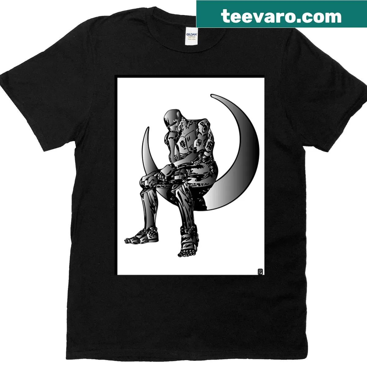 Modern thinker ink drawing T-shirt in a metallic theme. — on a men's t-shirt
