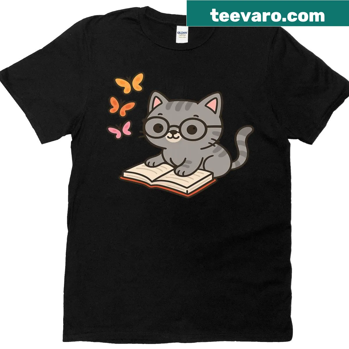 Cute kitten graphic with glasses sitting on books T-shirt — on a men's t-shirt