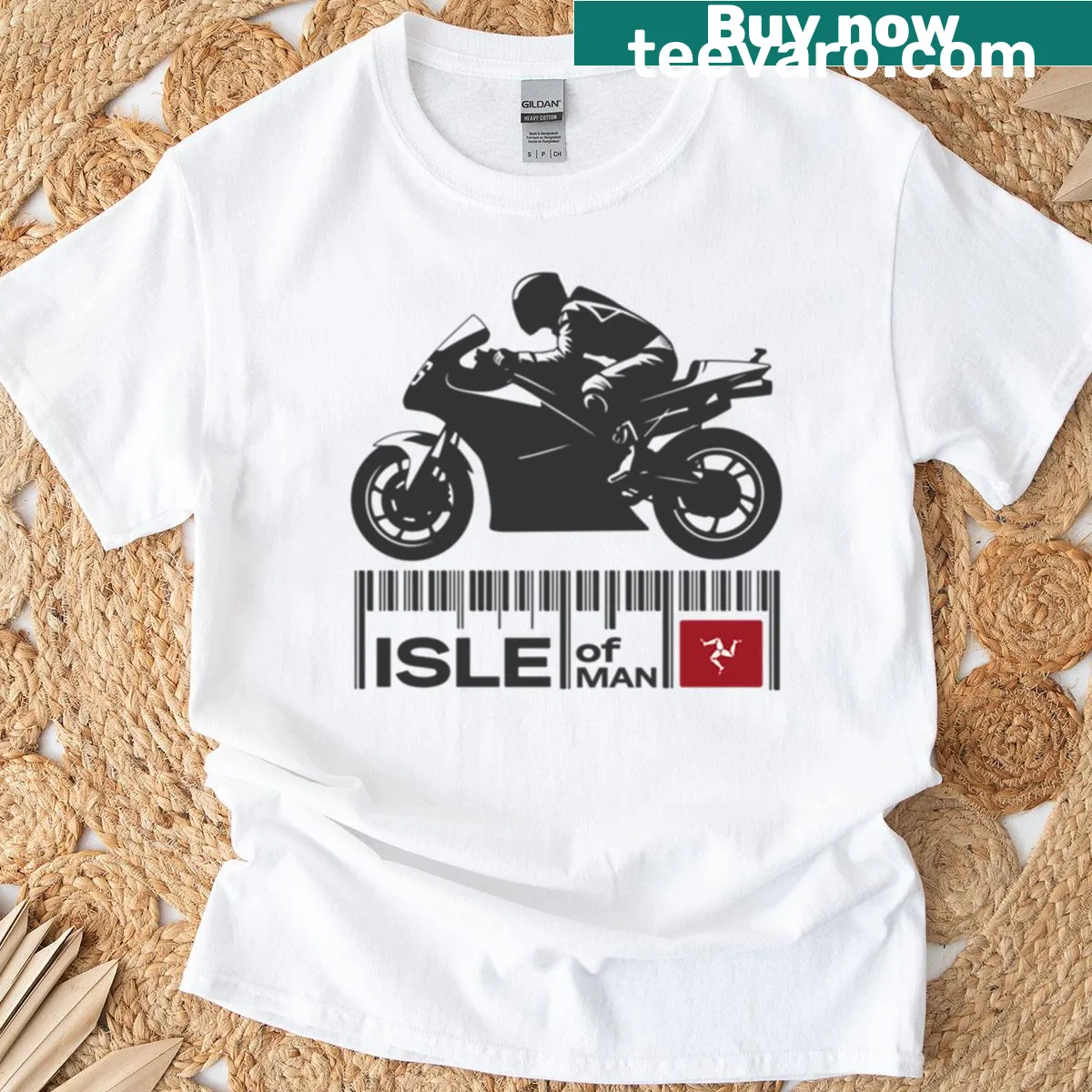 Artistic motorcycle design representing Isle of Man TT race — on a men's t-shirt