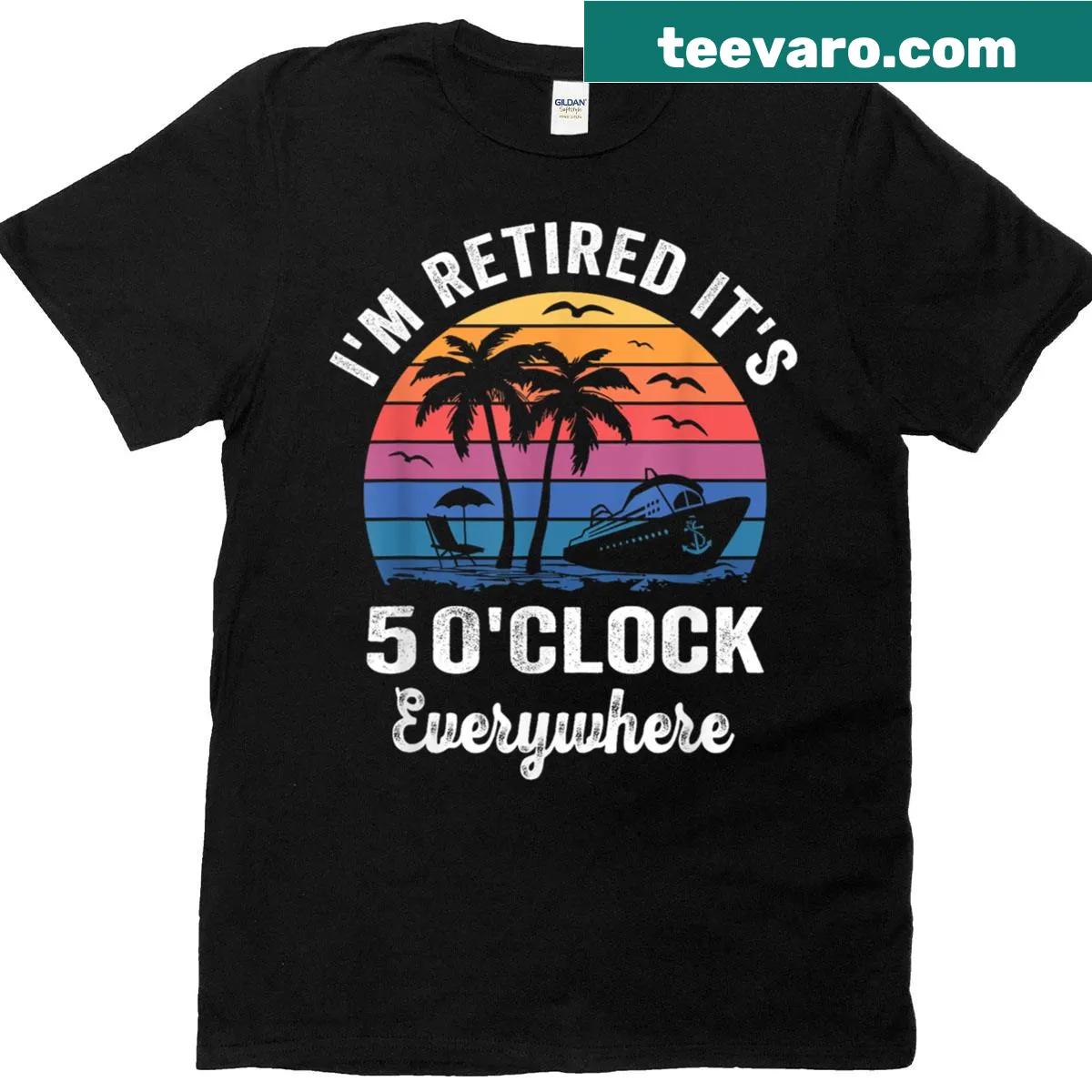 Playful T-shirt with 'It's 5 O'clock Everywhere' text for retirees — on a men's t-shirt