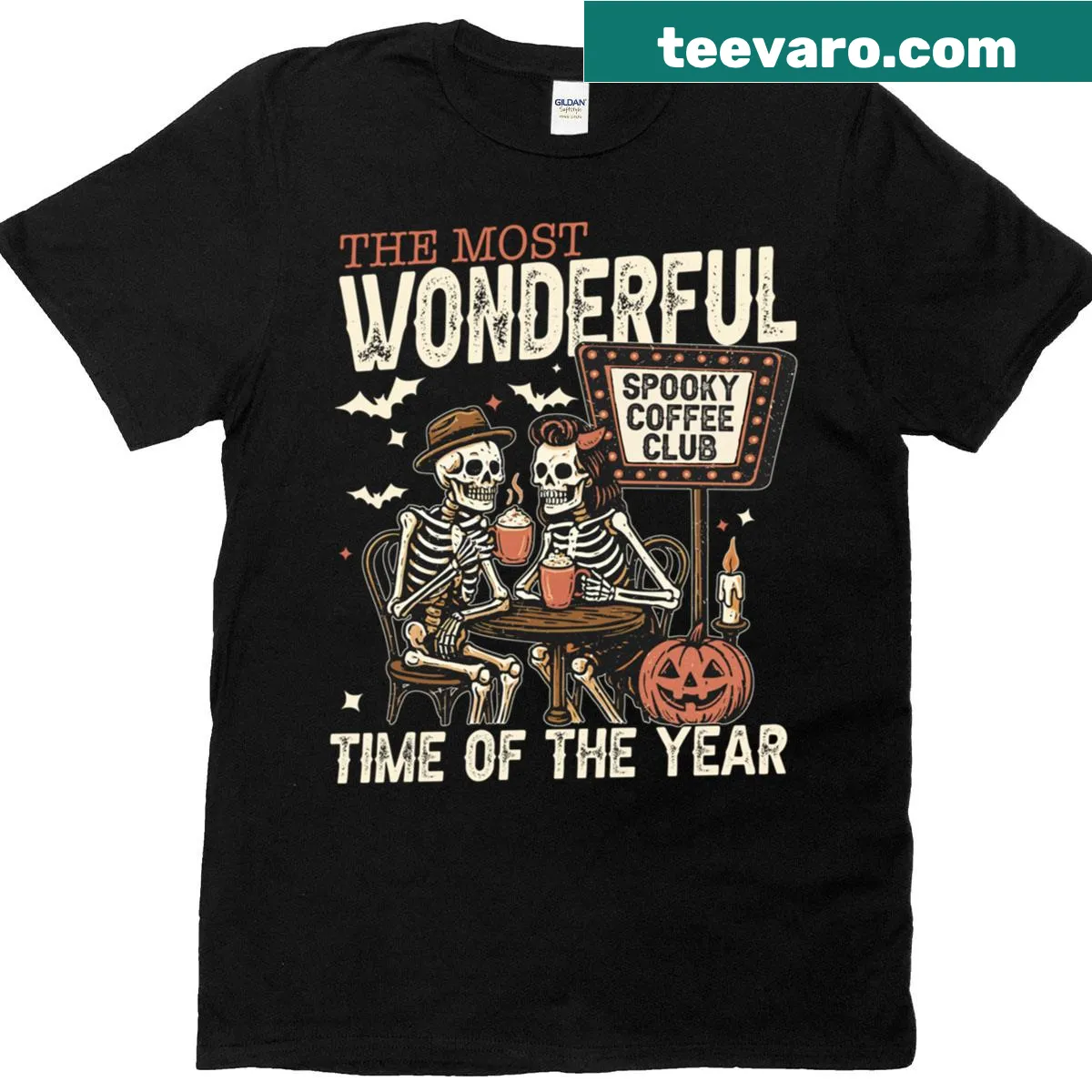 Skeletons enjoying coffee with text It's The Most Wonderful Time Of The Year — on a men's t-shirt