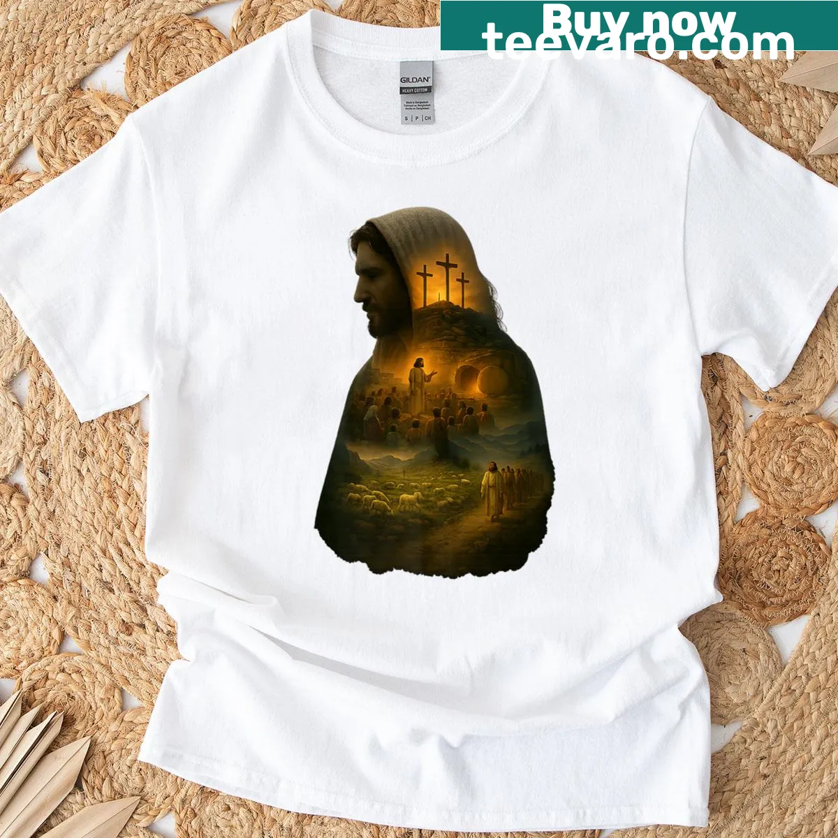 Artistic silhouette mural of Jesus on a premium T-shirt — on a men's t-shirt