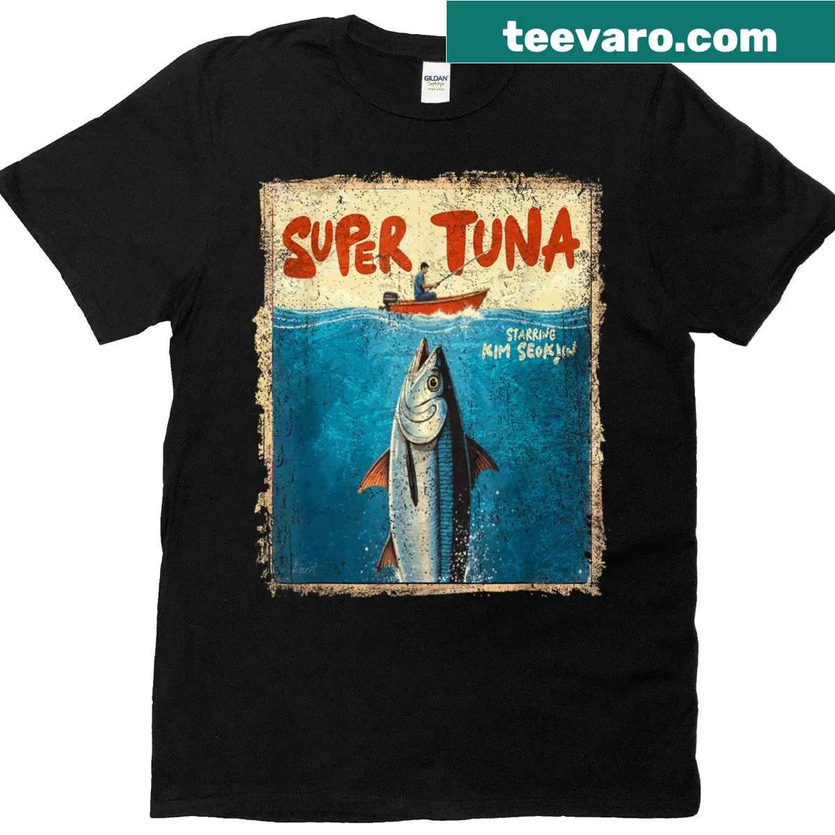 Vintage fishing t-shirt with retro tuna graphic and 1975 text — on a men's t-shirt
