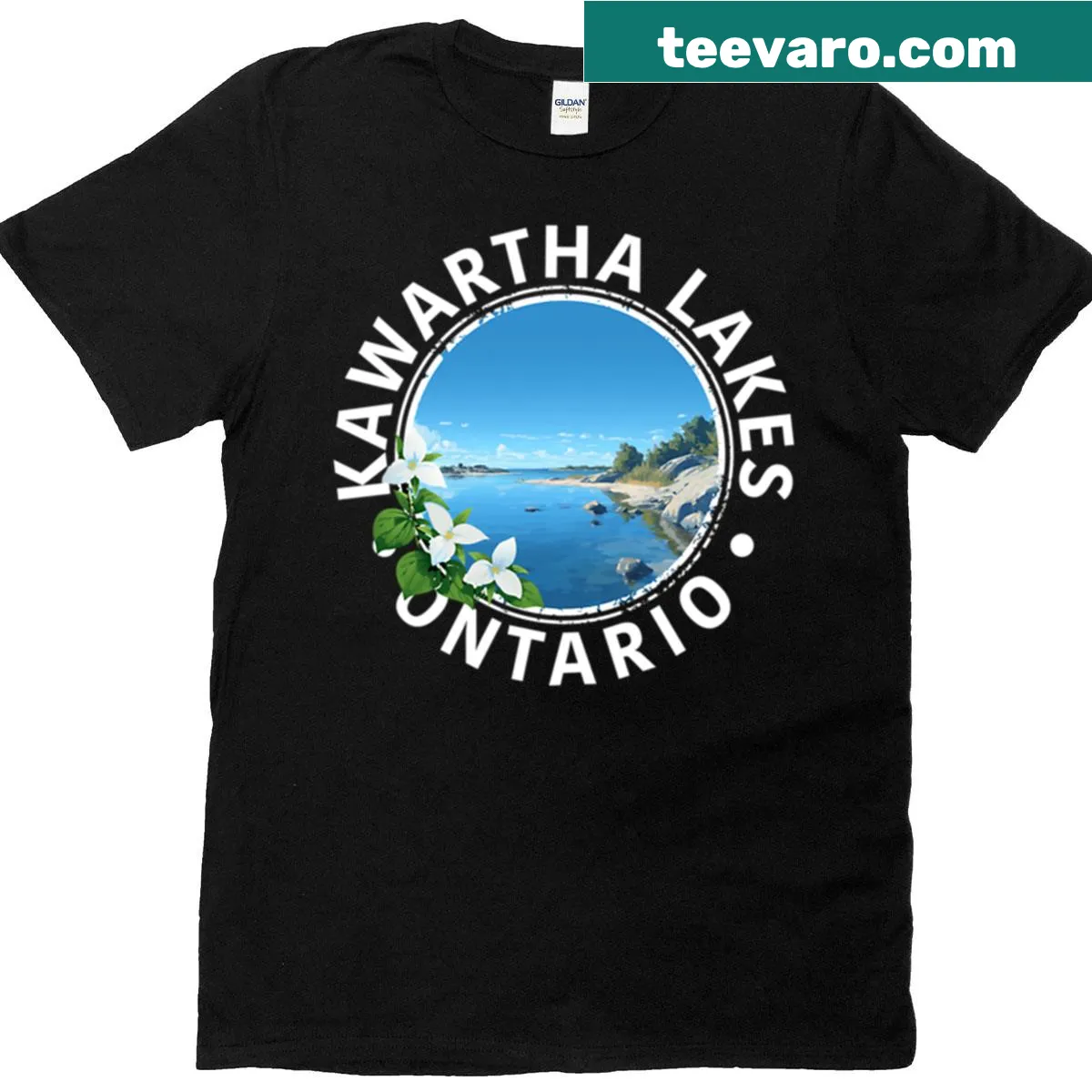 Typography shirt featuring Kawartha Lakes, Ontario in white text — on a men's t-shirt