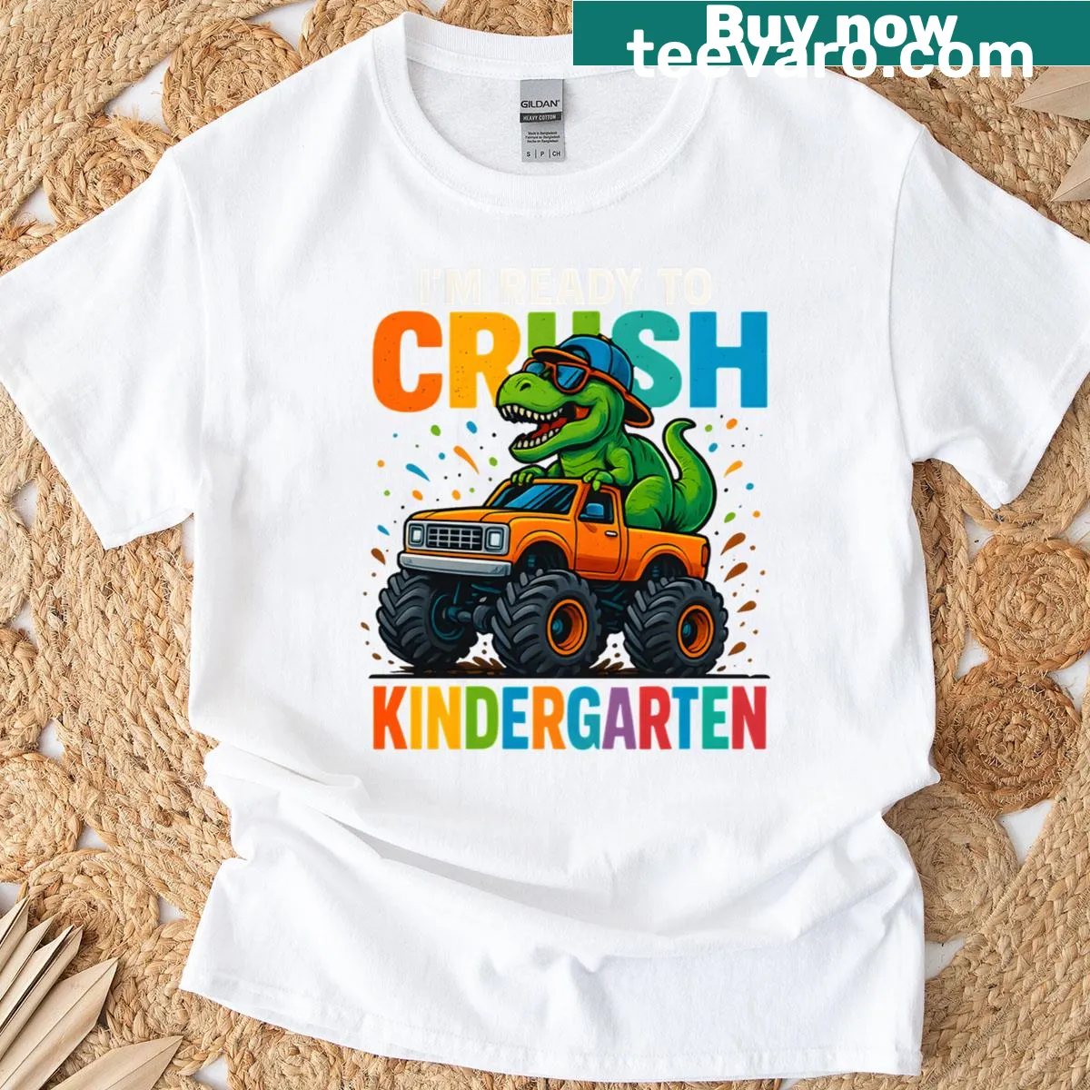 Monster truck graphic for kids starting kindergarten — on a men's t-shirt