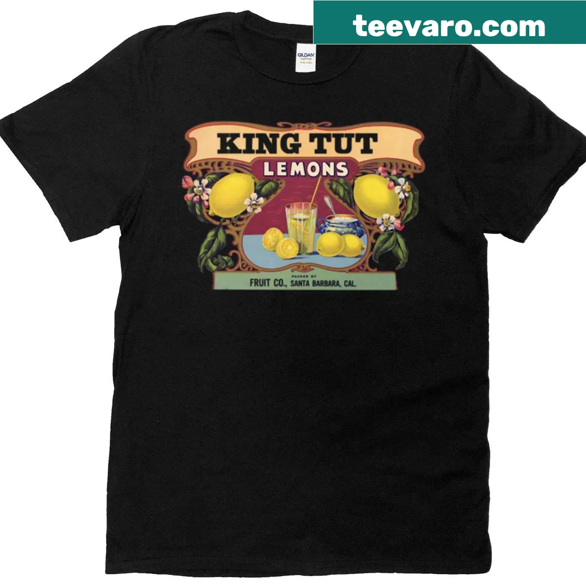 Vintage T-shirt featuring classic fruit label design with lemons — on a men's t-shirt