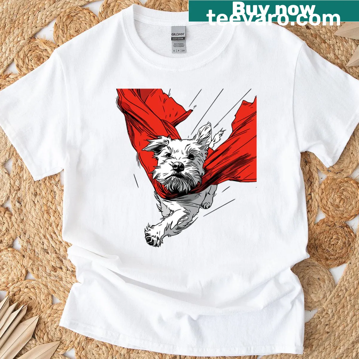 Illustrated T-shirt of Krypto, the Superdog, showcasing his playful character. — on a men's t-shirt