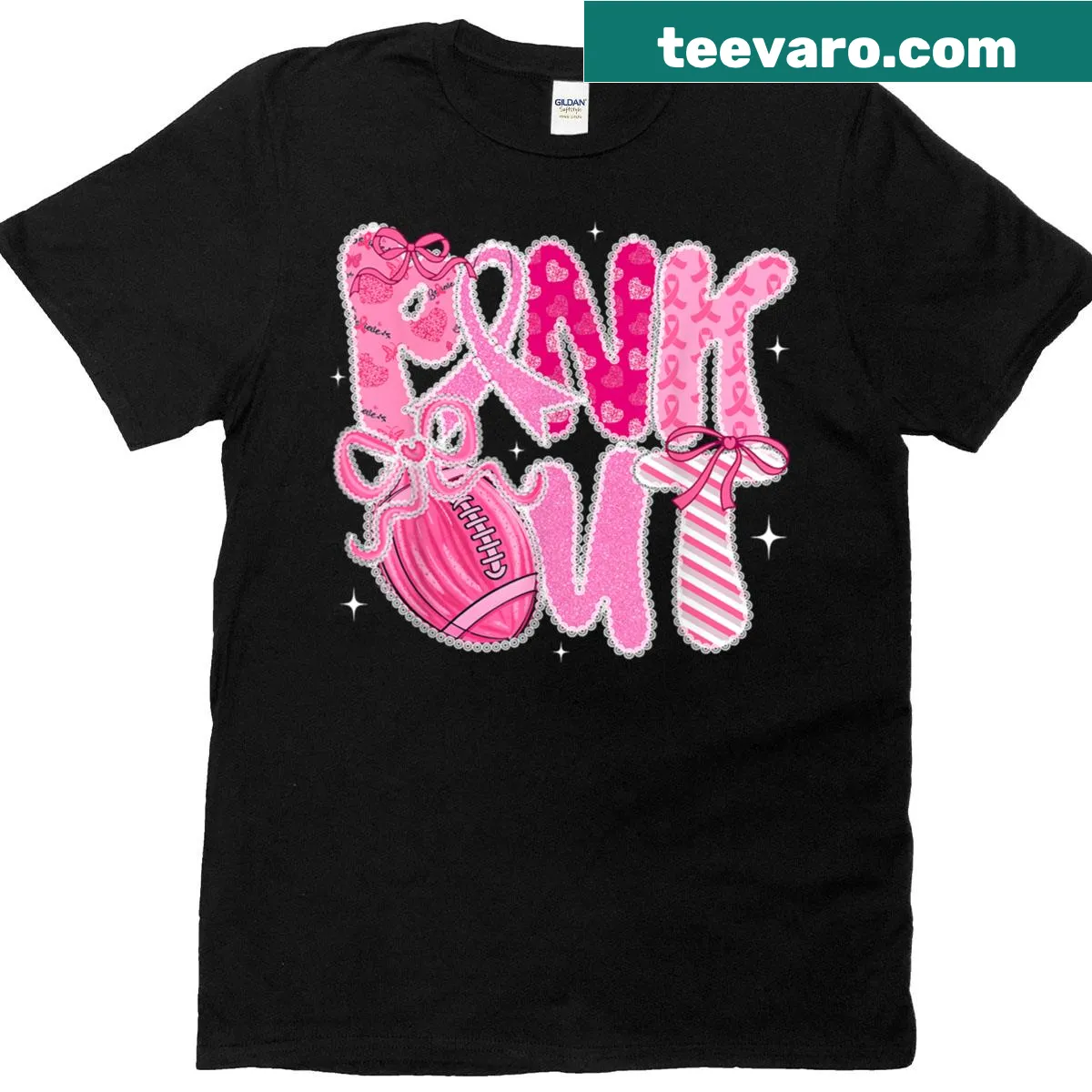 Breast cancer awareness T-shirt with pink bow graphic — on a men's t-shirt
