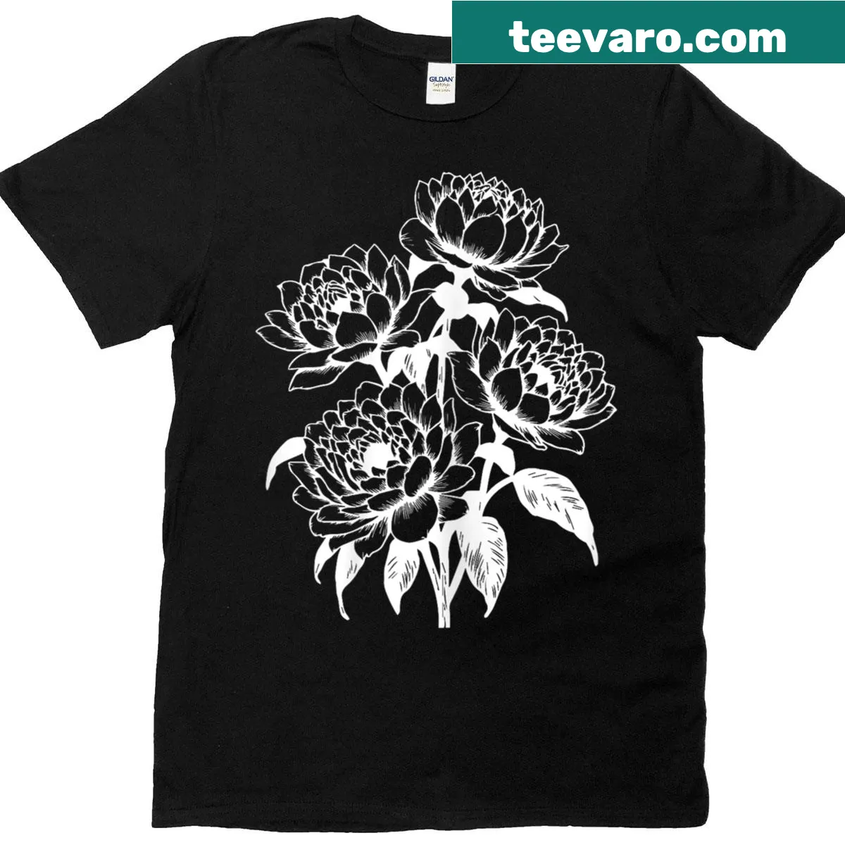 Vintage floral T-shirt with ranunculas in linocut style — on a men's t-shirt