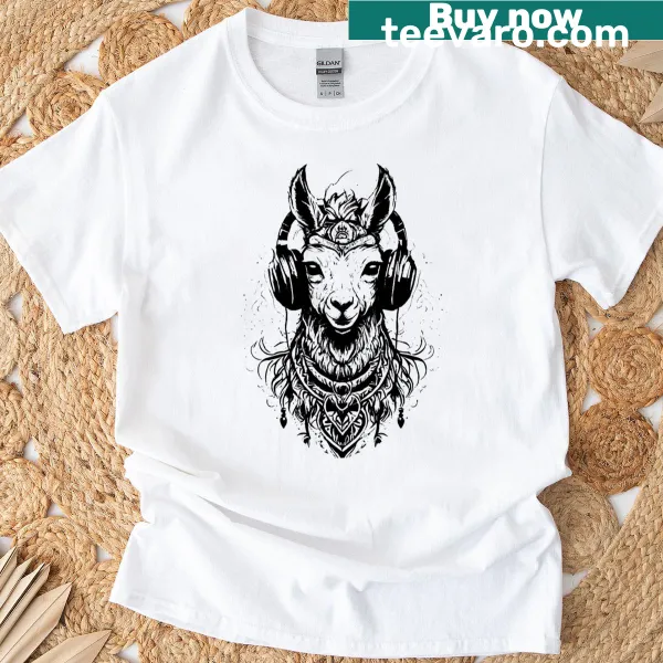 Whimsical llama DJ graphic t-shirt with tribal art elements