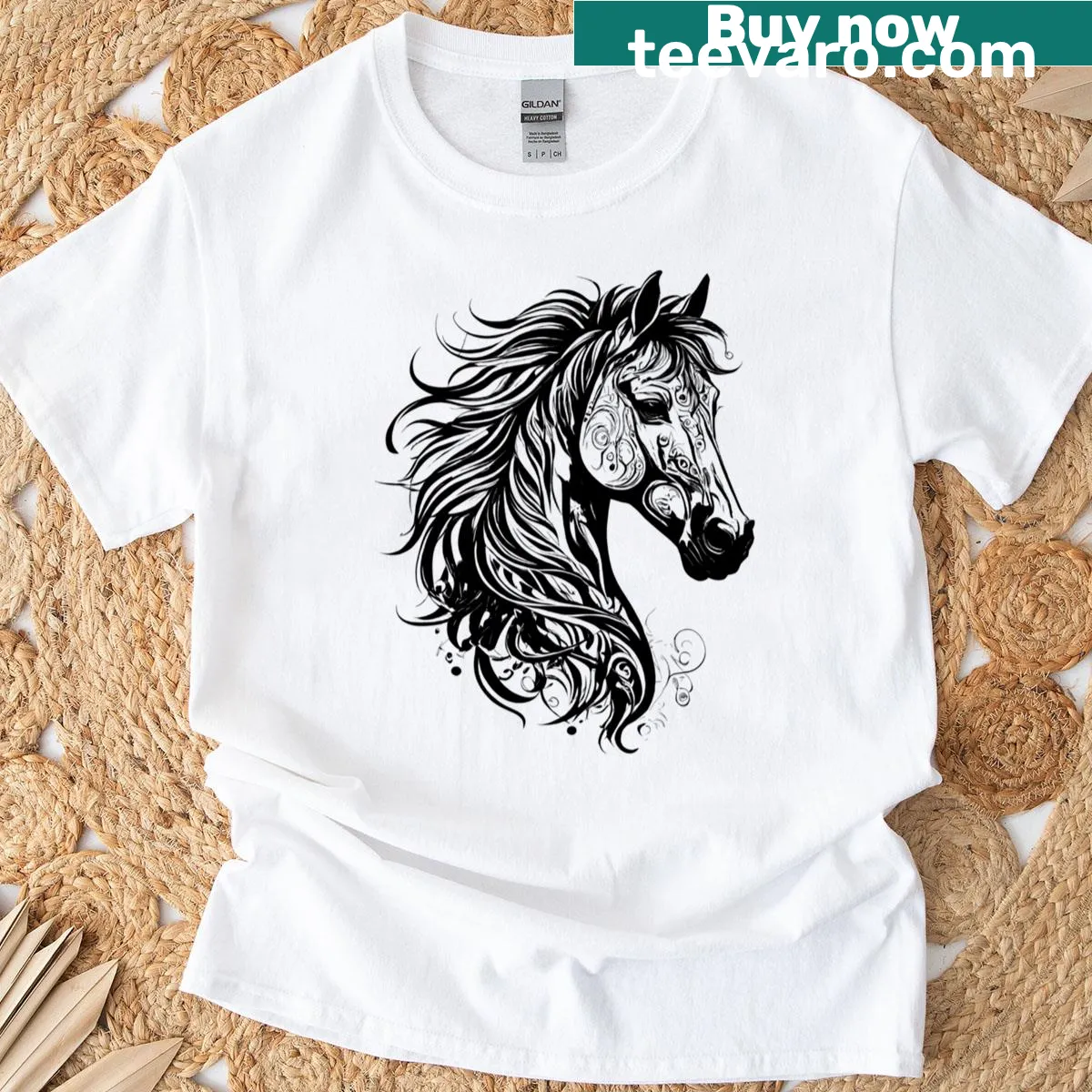 Ornamental ink illustration of a majestic horse — on a men's t-shirt