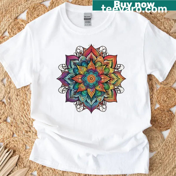 Intricate mandala graphic T-shirt featuring nature-inspired design