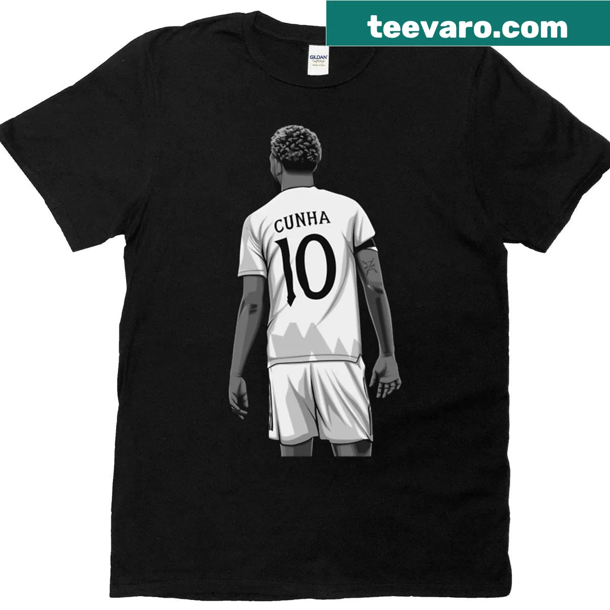 Minimalist black and white line-art Matheus Cunha graphic — on a men's t-shirt