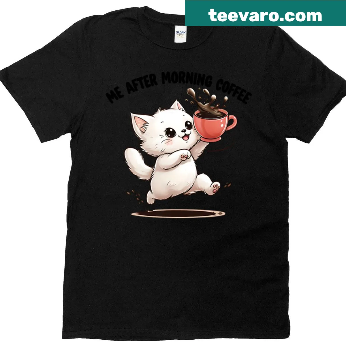 Illustration of a cute cat with a coffee cup for cat lovers. — on a men's t-shirt