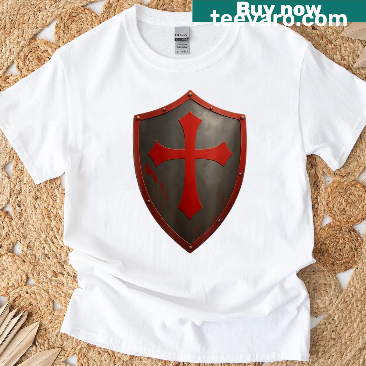Crusader knight cross graphic t-shirt for all ages — on a men's t-shirt
