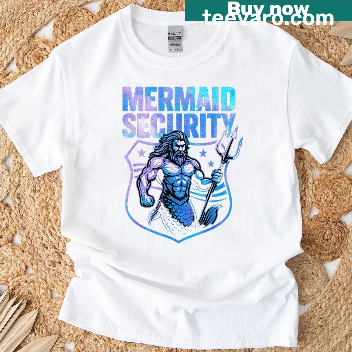 Funny Mermaid Security dad t-shirt with playful text design — on a men's t-shirt
