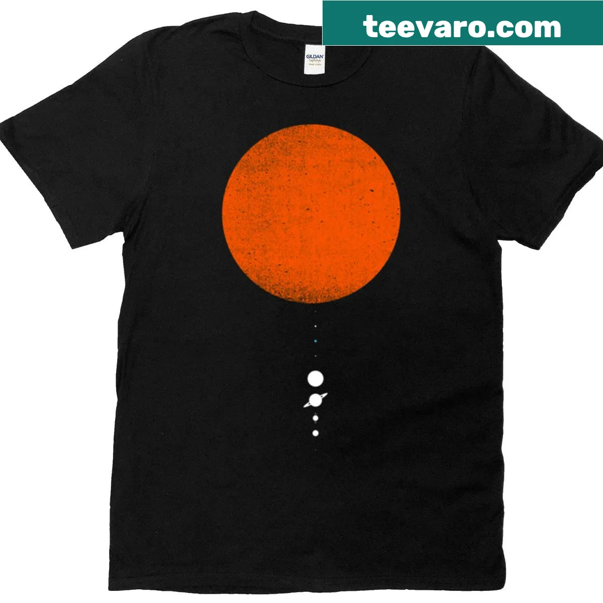 T-shirt featuring a minimal illustration of the solar system — on a men's t-shirt