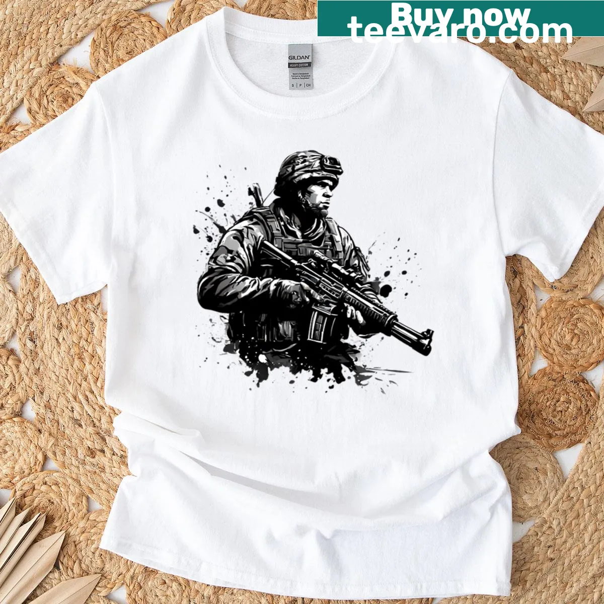 Ink illustration of a tactical soldier on a modern t-shirt. — on a men's t-shirt