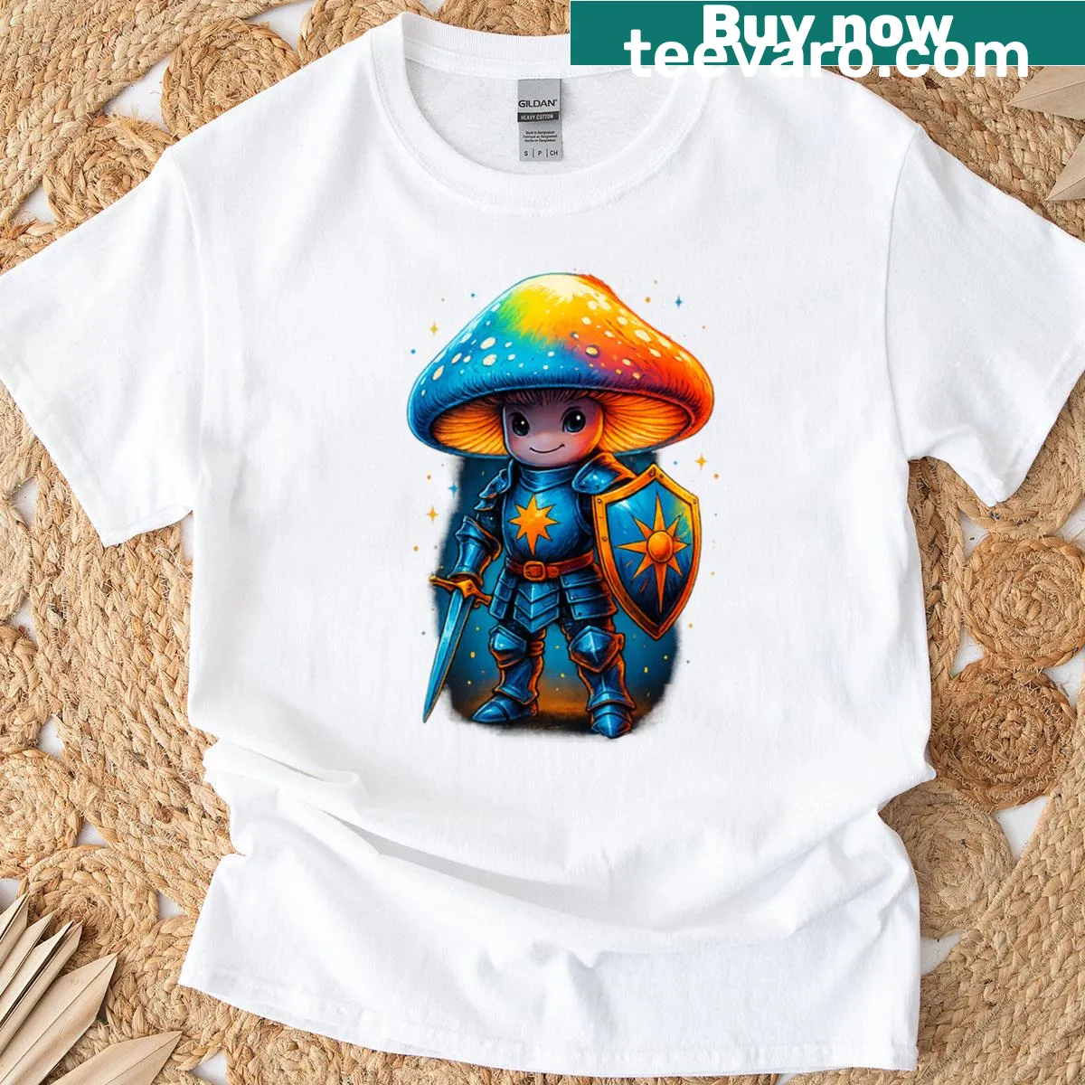 Illustration of a Mushroom Knight in armor, ready for adventure — on a men's t-shirt