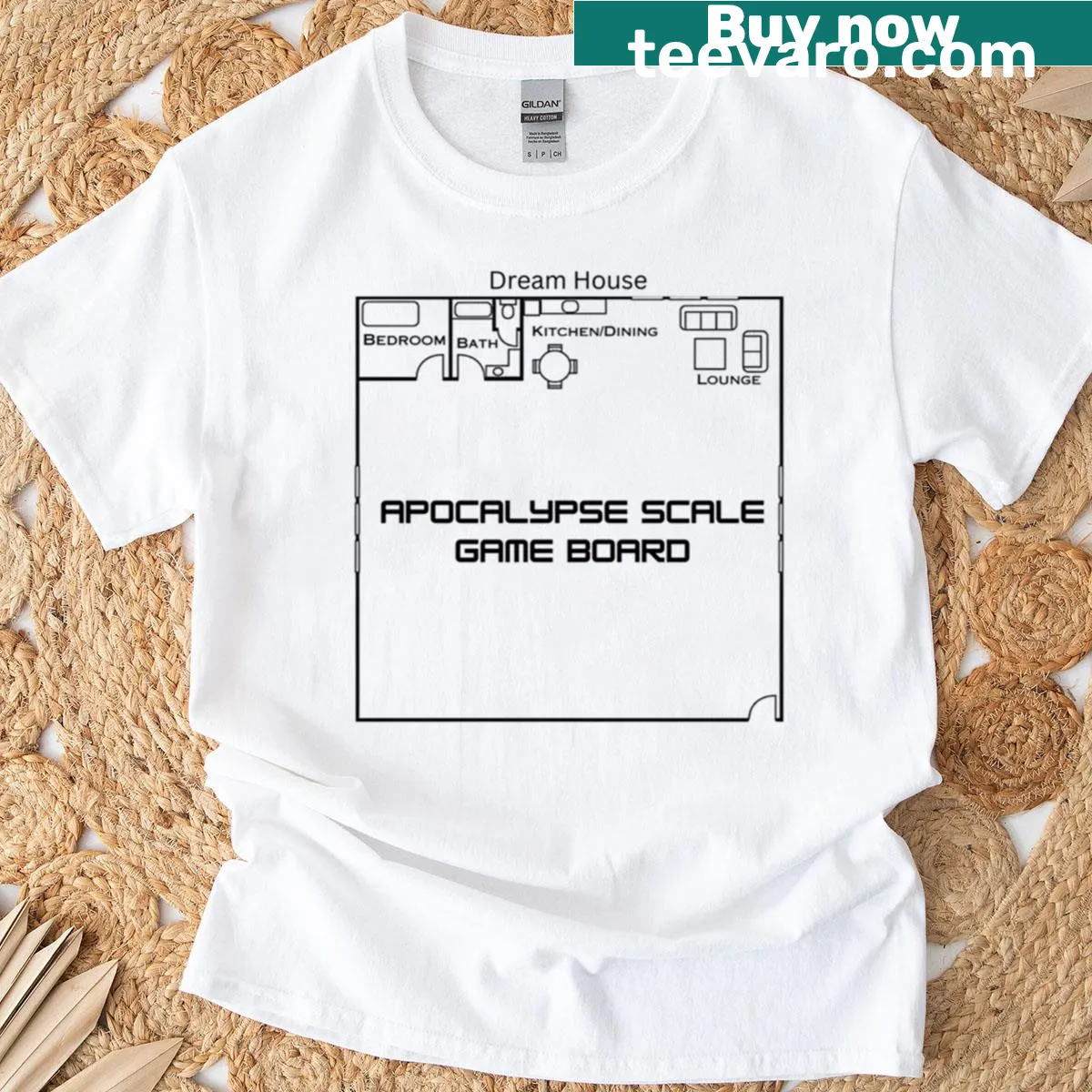 Charming graphic of a dream house on a whimsical t-shirt design. — on a men's t-shirt